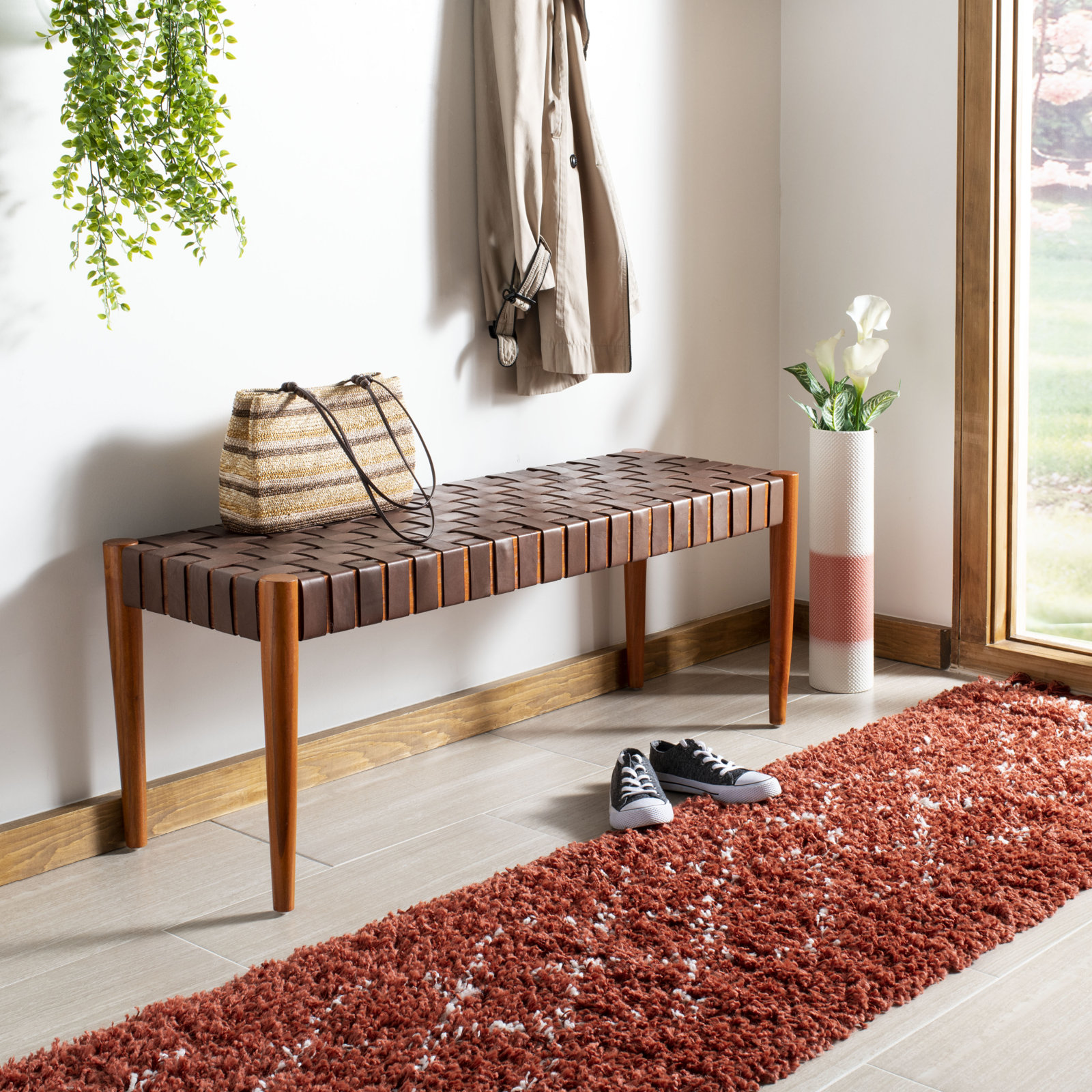Orin 47" Woven Leather Dining Bench, Cognac Leather
