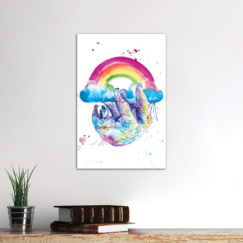 Sloth Hanging From A Rainbow by Jennifer Seeley - Wrapped Canvas Painting, 66.04 cm H x 45.72 cm W x 1.91 cm D