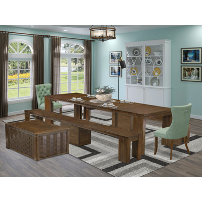 6 Pieces Extendable Dining Set Includes a Xtenczar Kitchen Table, 1 Coffee Table, 2 Polyester Dining Chairs and 2 Modern Benches - (Finish Option)