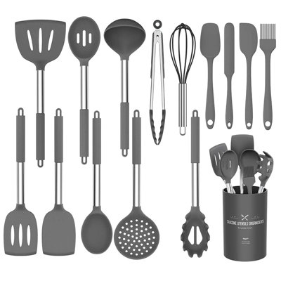 15 PCS Silicone Cooking Utensil Set, Stainless Steel Kitchen Utensils Set, Non-Stick Heat Resistant, Gray -  DGPCT, USWF-CJ-072