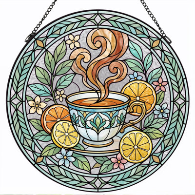 Tea Cup Stained Glass Window Panel，7.8H