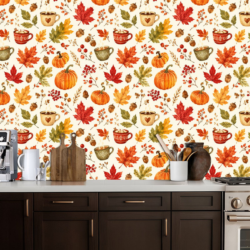 Papier peint auto-adhésif à peler et coller, citrouilles d'automne, feuilles, glands, boissons chaudes, auto-adhésif et amovible