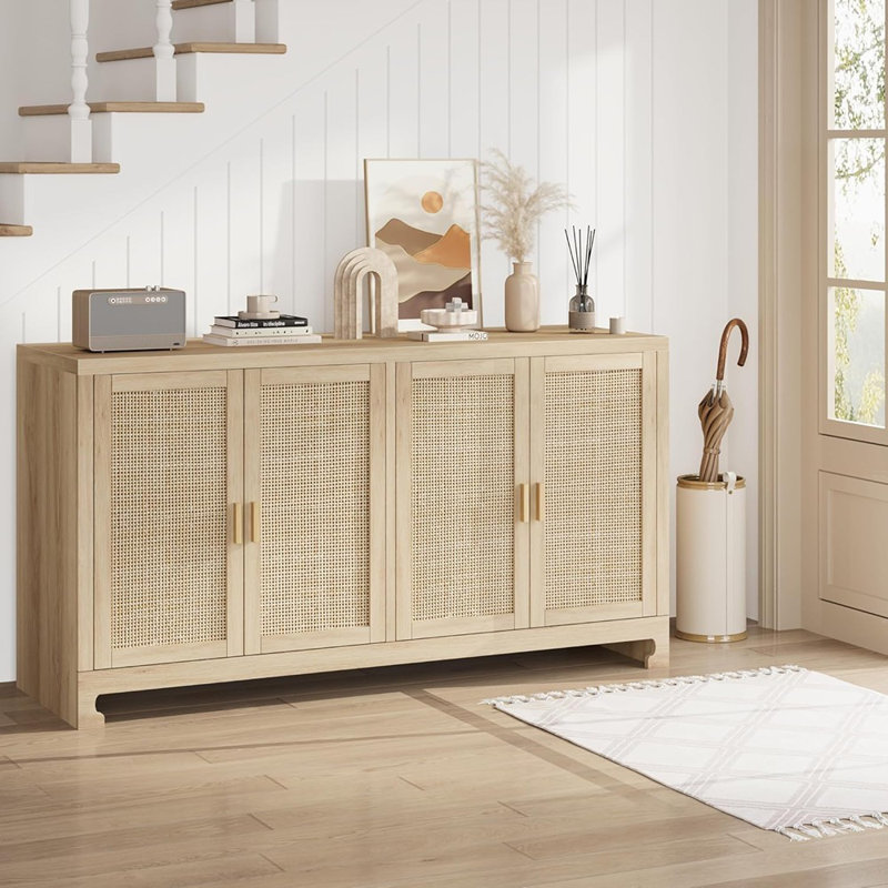 Buffet Farmhouse Rattan, buffet de rangement tissé à 4 portes, chêne brun