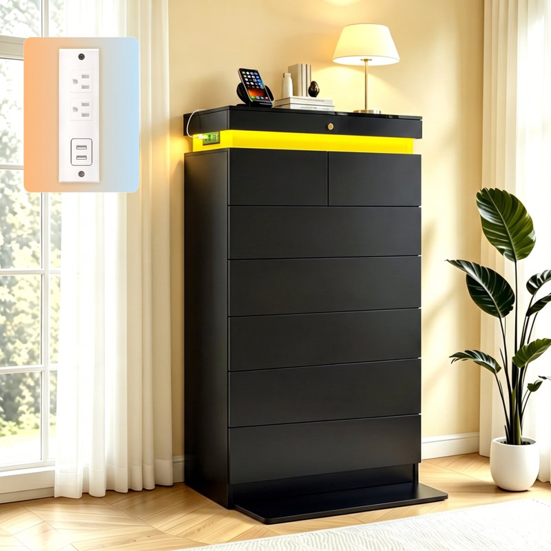 FOphelia & Co.51.3" H 7-Drawer Tall Dresser with RGB LED Lights & Built-in Charging Station, White Chest of Drawers for Bedroom with Locking Top