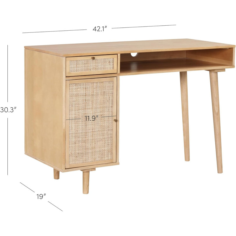 Warm Pine Rattan Desk with Drawer and Storage