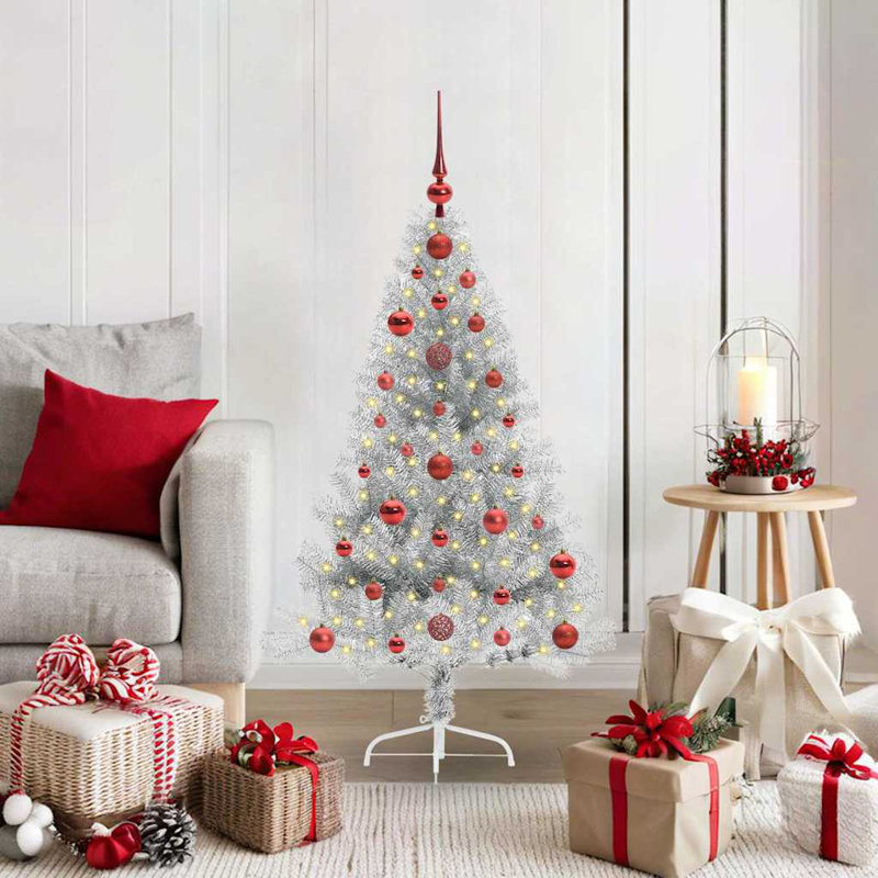  Artificial Pre-lit Christmas Tree PET, Silver, 210 cm, with 120 White Balls