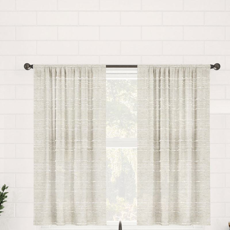 Clean Window Aya Textured Slub Stripe Linen Blend Sheer Rod Pocket Kitchen Curtain Tier Pair, Linen, 52" W x 24" H