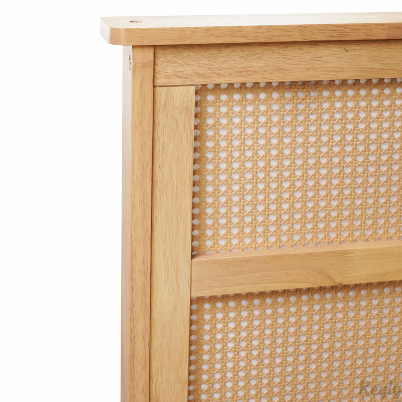 Lit en bois d'hévéa avec tête de lit en rotin, deux tiroirs de rangement, Double, Chêne blanc