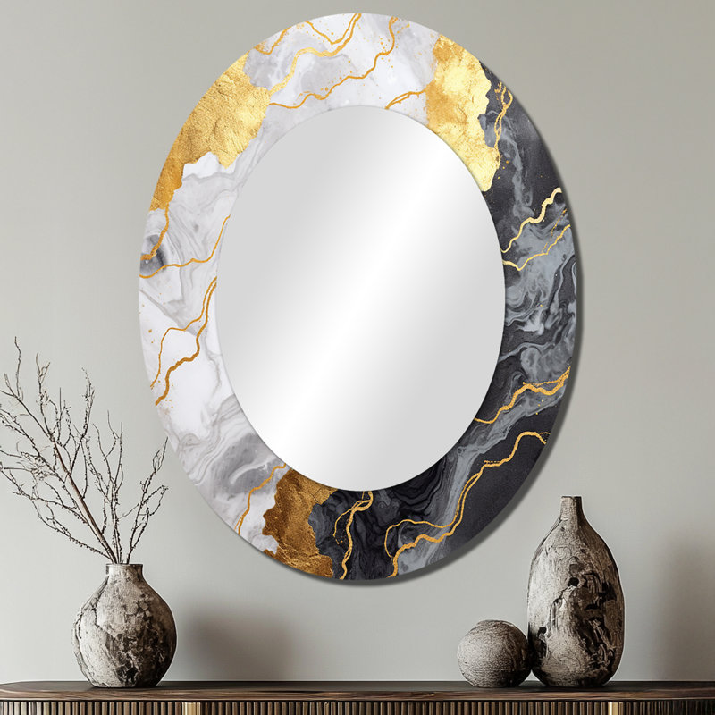 Gold And Grey Abstract Marble Mirage III - Modern Oval Wall Mirror, 40" x 30"