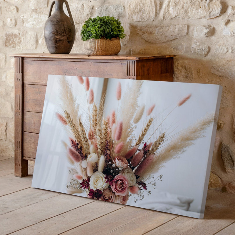 Toile, "Bouquet de fleurs séchées", art mural pastel doux avec des tons de crème rose et de beige avec toile délicate