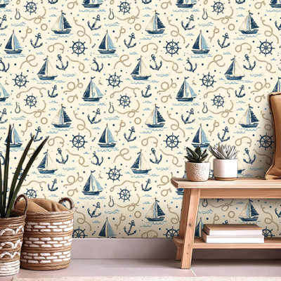 Peel and Stick Wallpaper Contact Paper Nautical Sailboats Anchors Self Adhesive and Removable 24in x 118in(60x300cm)
