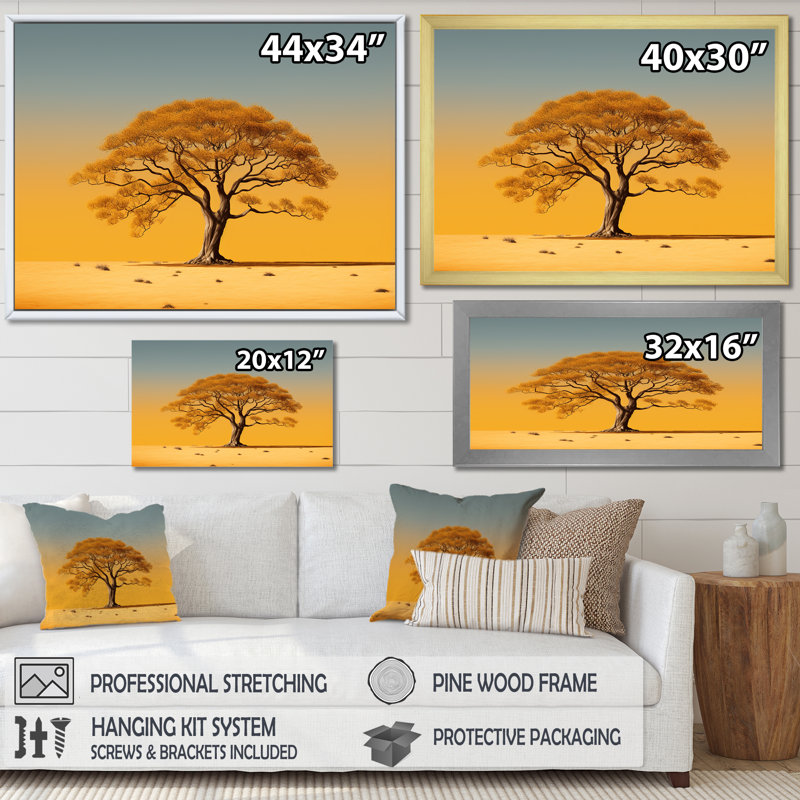 Arbre africain Aura III - impressions sur toile, arbre africain, Cadre flottant doré, H 24 po x l 32 po x P 1 po