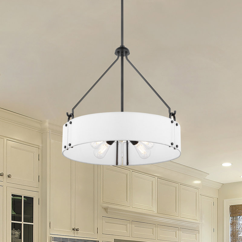 Ashanae 4 - Light Dimmable Drum Chandelier, Matte Black, White Linen