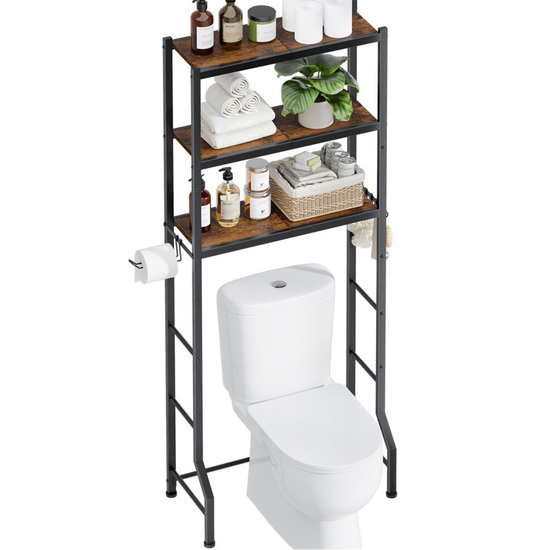 Over The Toilet Storage Rack - Freestanding Over The Toilet Storage Cabinet with Paper Holder & Hooks, Bathroom Organizers and Storage, Brown + Black, 3 Tiers (61" H)
