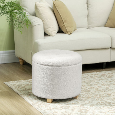 18" Round Storage Ottoman, Teddy Fleece Bedroom Stool with Removable Lid and Wood Legs, Button Tufted Footstool for Living Room, Hallway, White