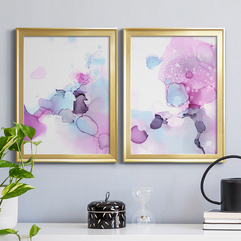 «Fluid Magenta III», ensemble de 2 peintures sur toile encadrées, Cadre doré, H 42,5 po x l 61 po x P 1 po