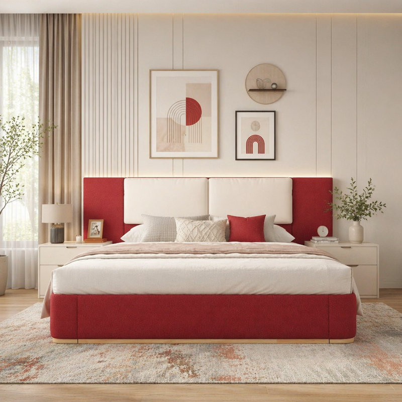 Très grand lit plateforme tapissier avec tablettes de rangement et coins arrondis doux, Très grand lit, Rouge