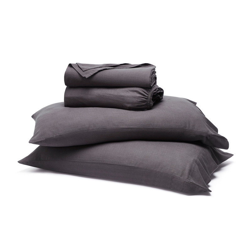 Chloe 100% Cotton Linen Texture Vintage Wash Solid Deep Pocket Percale Sheet Set, Queen Sheet Set, Plum