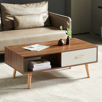 Rectangle Coffee Table With Solid Wood Legs, Sliding Drawer For Storage, Modern Table For Living Room , Walnut Colour
