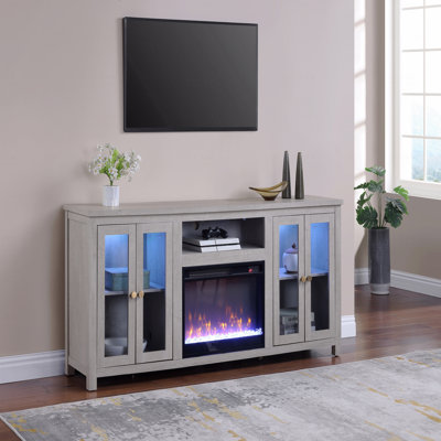 Meuble télé 70 po avec finition gris clair et console avec chaufferette, lumière DEL, armoires et tablettes