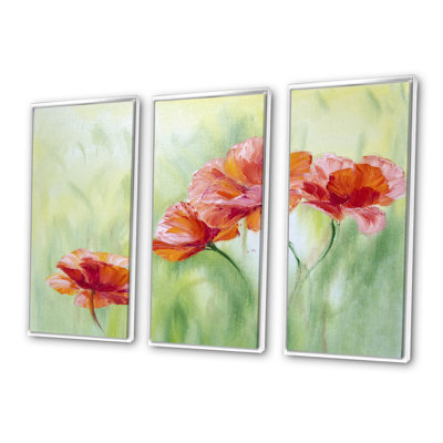 «Red Blossoming Poppies I», peinture sur toile 3 pièces