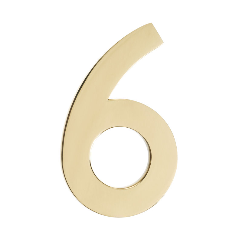 Numéro de maison à fixation affleurante, Six, Polished Brass, 5 pouces