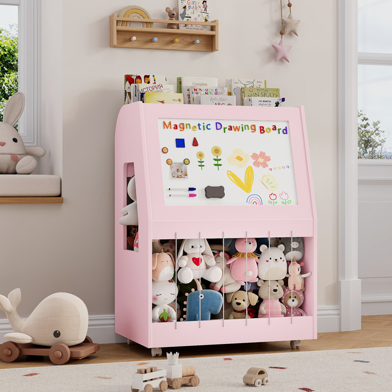 Organisateur de rangement pour jouets 31,5 po, bibliothèque pour enfants à 3 niveaux avec rangement pour animaux en peluche, planche à dessin magnétique, 26 lettres aimantées et roues pivotantes pour salle de jeux et chambre d'enfant, rose