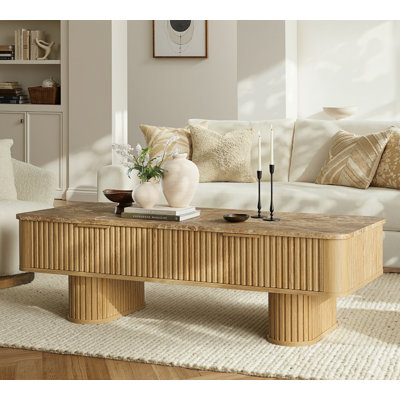Leamon Rectangle Mid Century Modern Fluted Coffee Table with Faux Marble Top, Pedestal Center Table with Storage, Oak