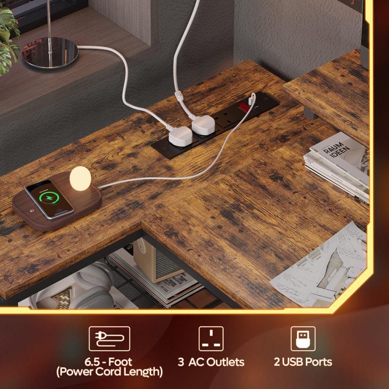 Modular L-Shaped Iron Computer Desk with Built-In Electrical Outlet, Rustic Brown/Black