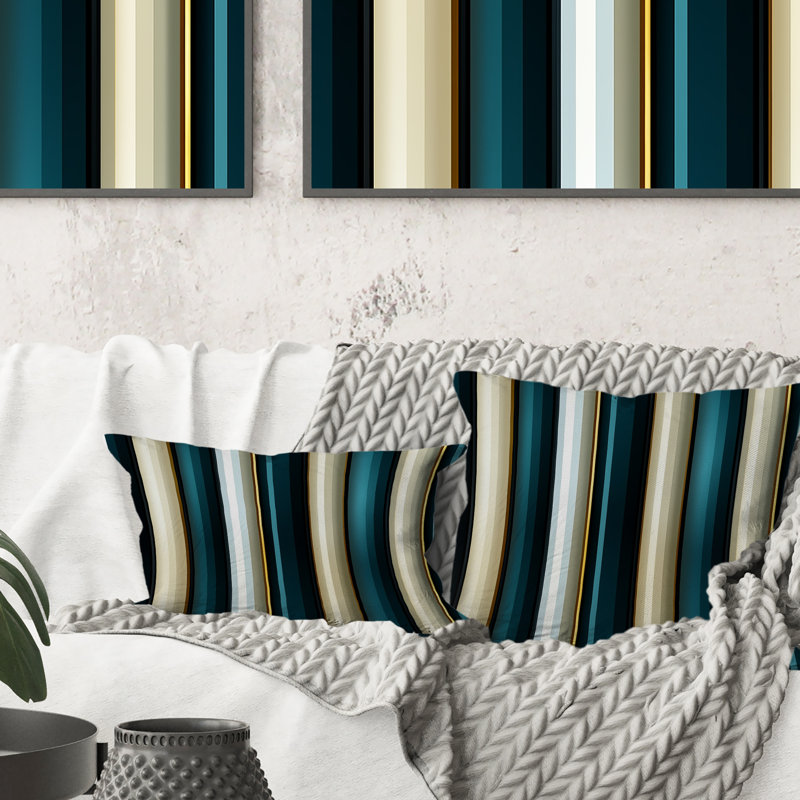 Teal And Gold Elegant Striped Pattern I - Striped Polyester Pillow