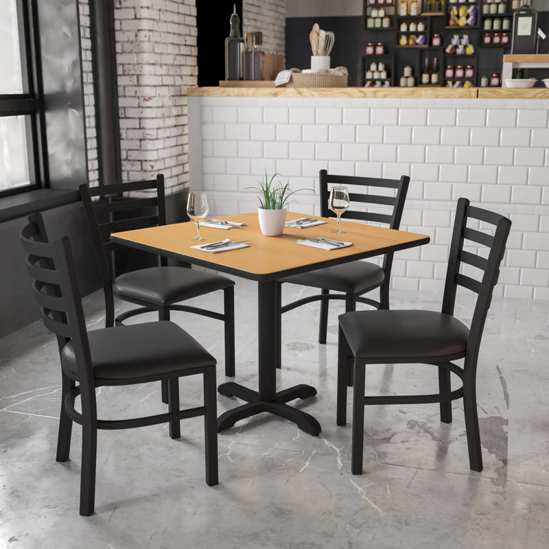 Lomonaco 36'' Square Laminate Table Set with X-Base and 4 Ladder Back Metal Chairs, Black/Natural