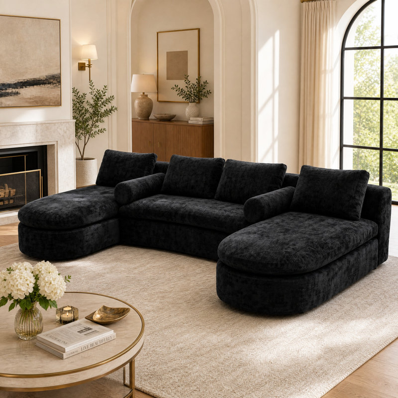 Canapé d'angle en forme de U de 157,5 po de largeur, recouvert de tissu, avec double méridienne, coussins cylindriques et oreillers.