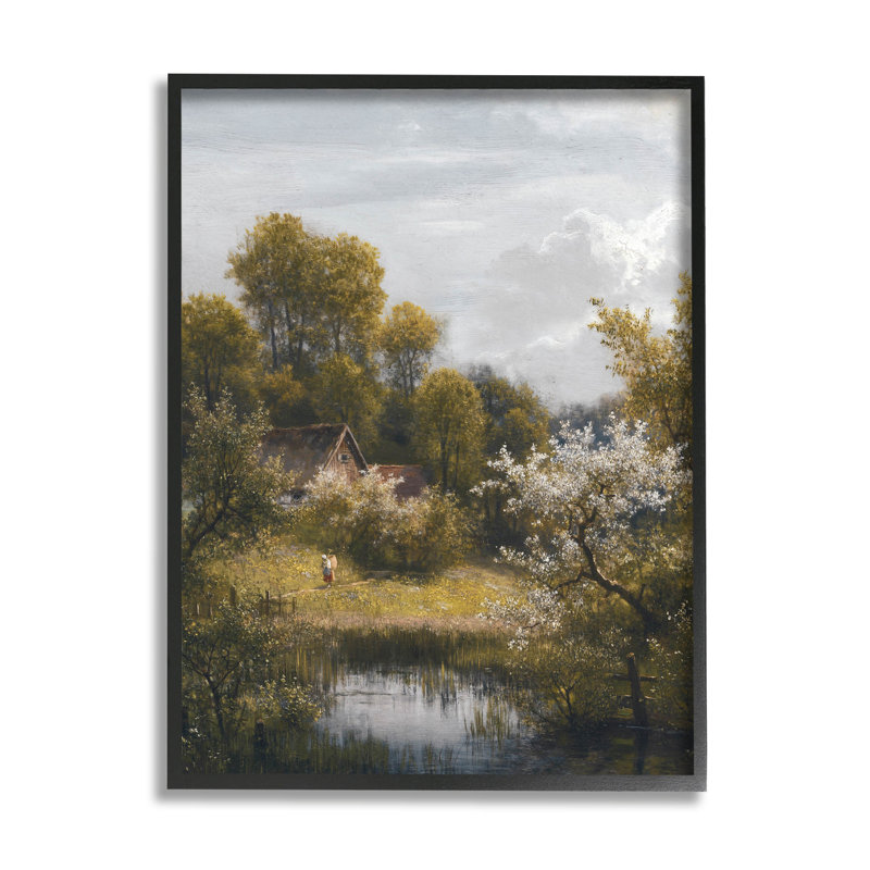 «Classic Cottage Backyard Pond», estampe numérique avec lettrage et doublure, Giclée encadrée noir minuit