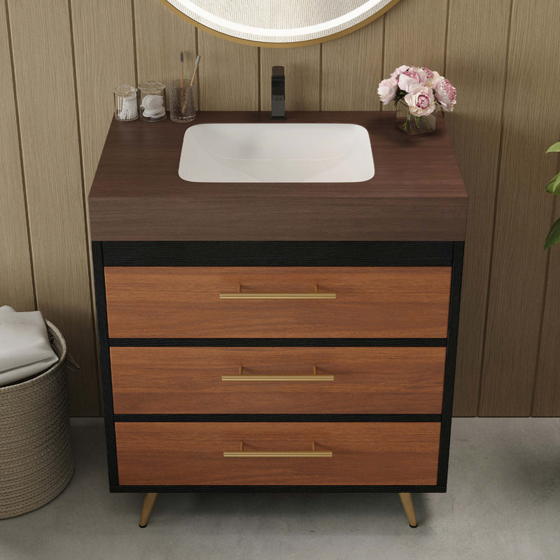 Meuble-lavabo autoportant moderne avec lavabo vasque en céramique et plateau en pierre frittée durable, Black,Walnut
