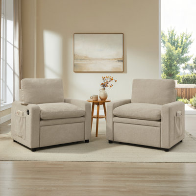 Fauteuil d'appoint 3-en-1 de 96,5 cm (37,99 po) transformable en méridienne ou en canapé-lit simple - Ports USB et Type-C et rangement pour petits espaces, ensemble de 2