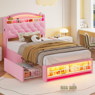 Bed Frame With Storage Headboard & 4 Drawers,with Led Lights & Charging Station, No Box Spring Needed, Easy Assembly, Princess Velvet Upholstered Platform Bed