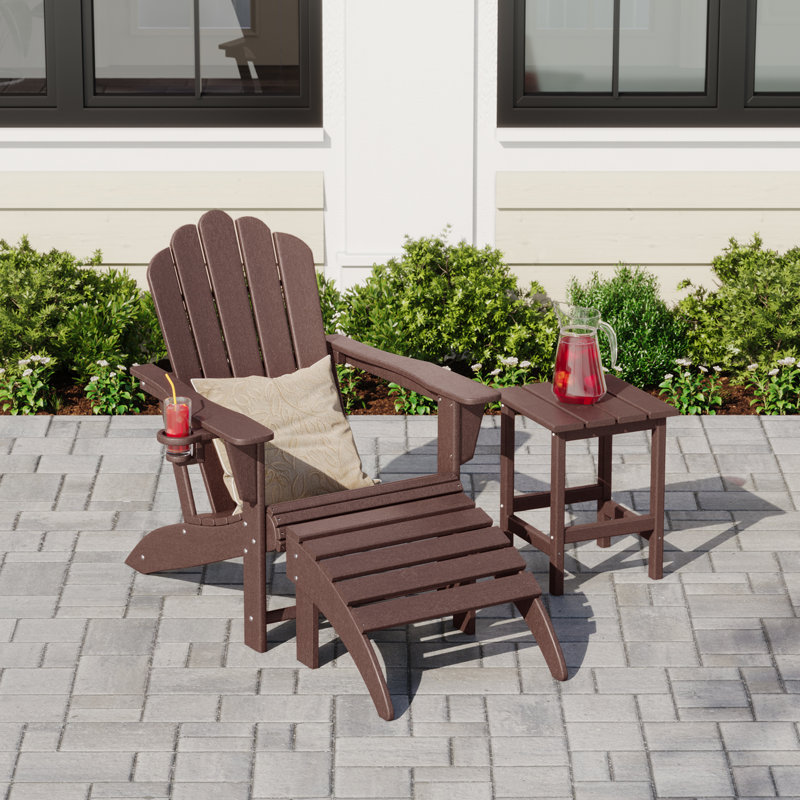 Outdoor Poly Adirondack Chair With Side Table And Ottoman, Brown