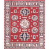 Tribal Hand Knotted Wool Geometric Area Rug in Red/Ivory/Blue