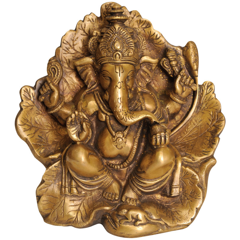Statue de maître Ganesha en laiton fait à la main 6 "- assis sur un canapé en feuille de fleur - Adaptabilité et nature indoues - Art spirituel indien