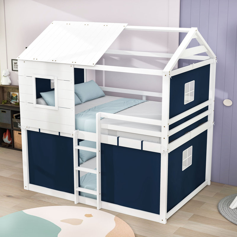 Frame House Bed With Tent And Ladder, Blue White, Full Over Full