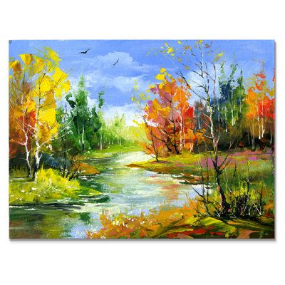 Paysage d'automne avec rivière sous un ciel bleu - peinture sur toile