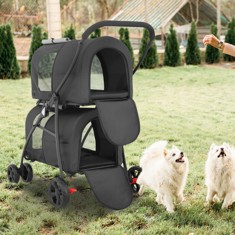 Black and Gray Double Pet Stroller with Steel Frame
