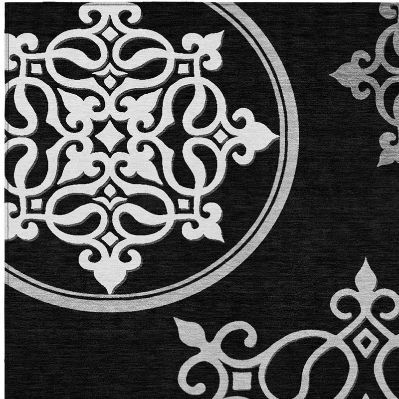 Tapis intérieur / extérieur 3 pi x 5 pi noir et gris à motif de médaillons lavables