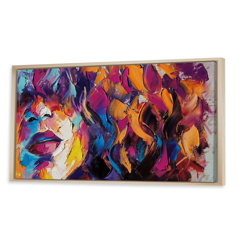 «Colorful Paint Stroke Woman Portrait II», peinture sur toile, H 24 po x l 36 po x P 1 po, Cadre brun