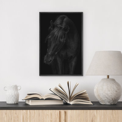 Black Horse Portrait Dramatic Animal Wall Art Framed Canvas Master Bedroom Wall Art Work Print