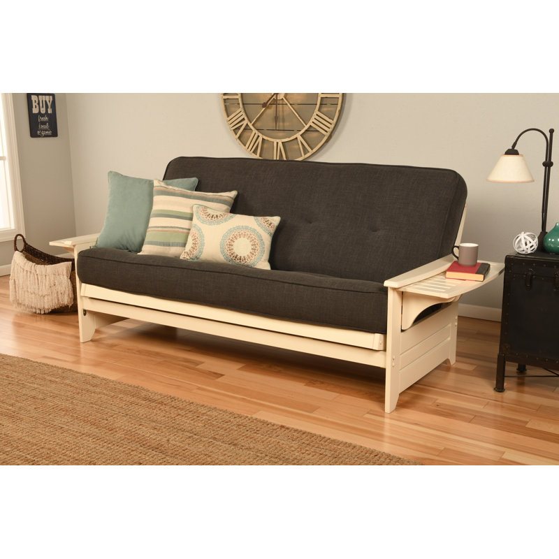 Johnte 82'' Wide Full Futon And Mattress, Antique White, Linen Charcoal Microsuede, Innerspring
