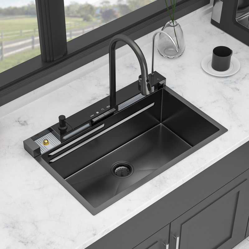 Évier de cuisine en acier inoxydable 30 po avec rebord à cascade simple 30 po x 19 po x 9 po avec robinet escamotable 16G