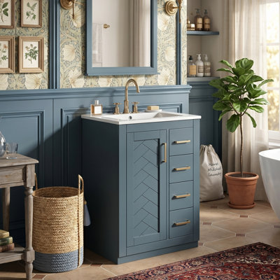 Meuble-lavabo autoportant moderne de 24 po avec lavabo central en céramique de 4 po, buffet de rangement à cadre en bois massif avec 3 tiroirs asymétriques et porte à fermeture en douceur (disponible en bleu et blanc)