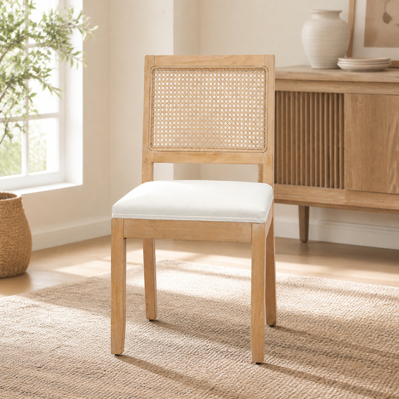 Chaise de salle à manger Mid-Century en bois massif avec dossier canne, beige (ensemble de 2), Beige, Beige