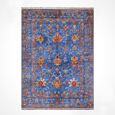Original Hand Knotted Traditional Pattern Blue Wool and Cotton Rug